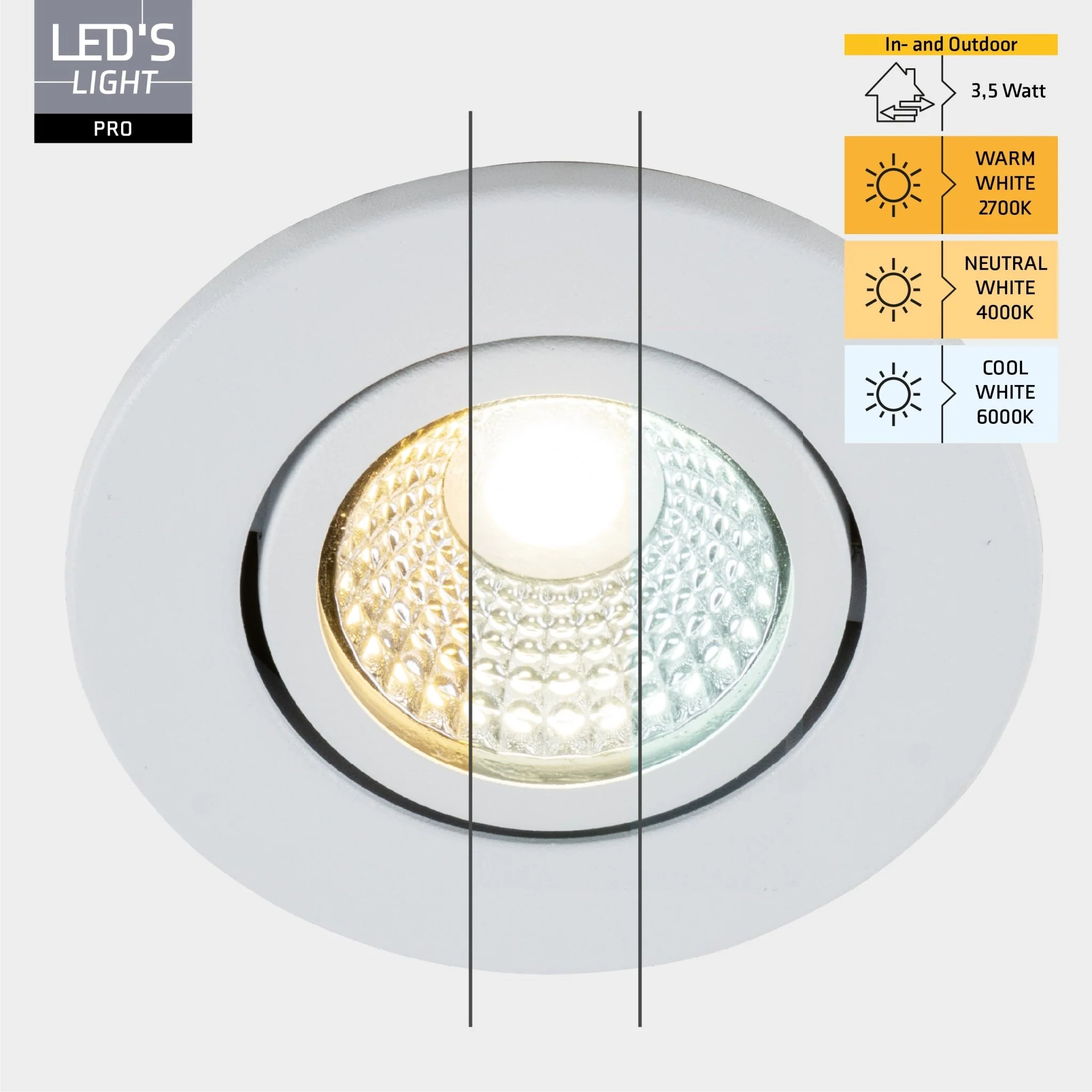 3 PACK - LED's Light PRO Inbouwspot 68 mm - Indoor & Outdoor - 3 lichtkleuren - Dimbaar licht - Wit - Image 2