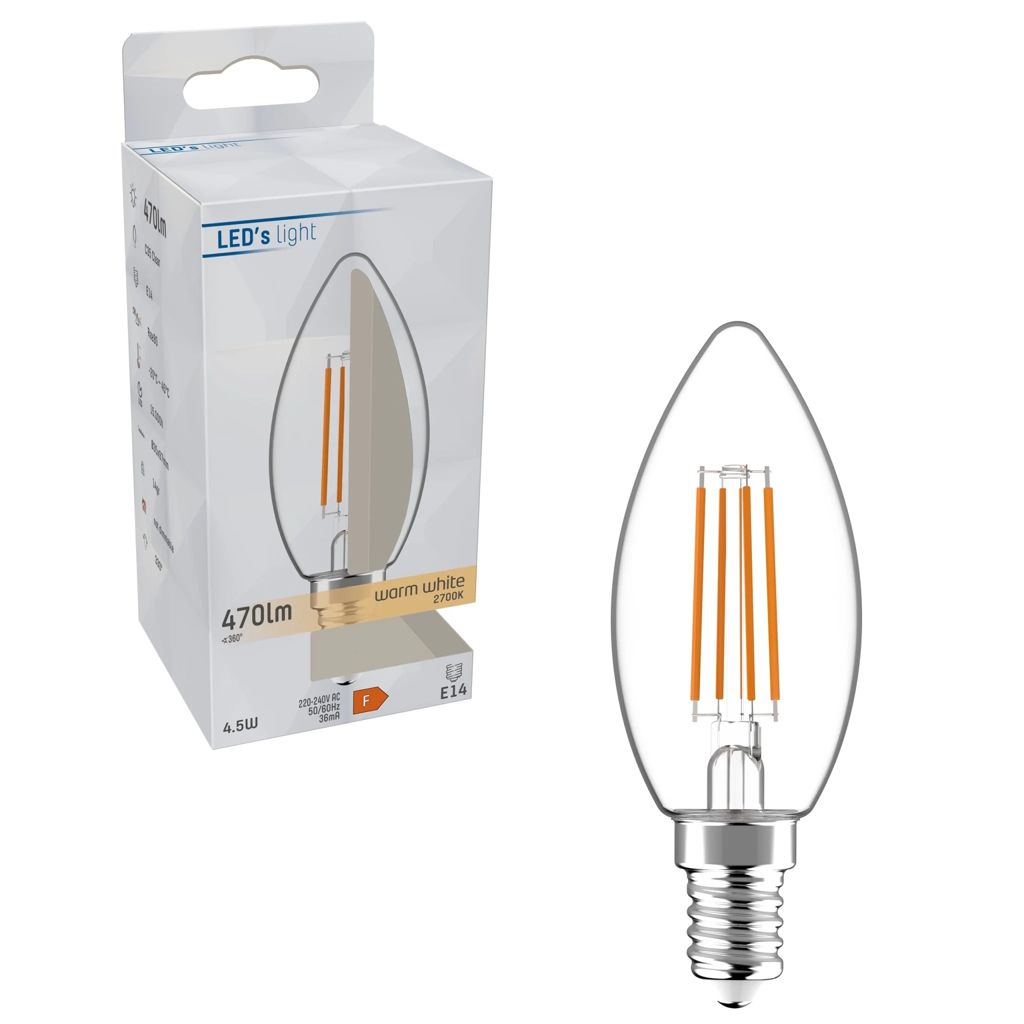 LED Lamp Kaars E14 - helder glas - Warm wit licht - 470 lm