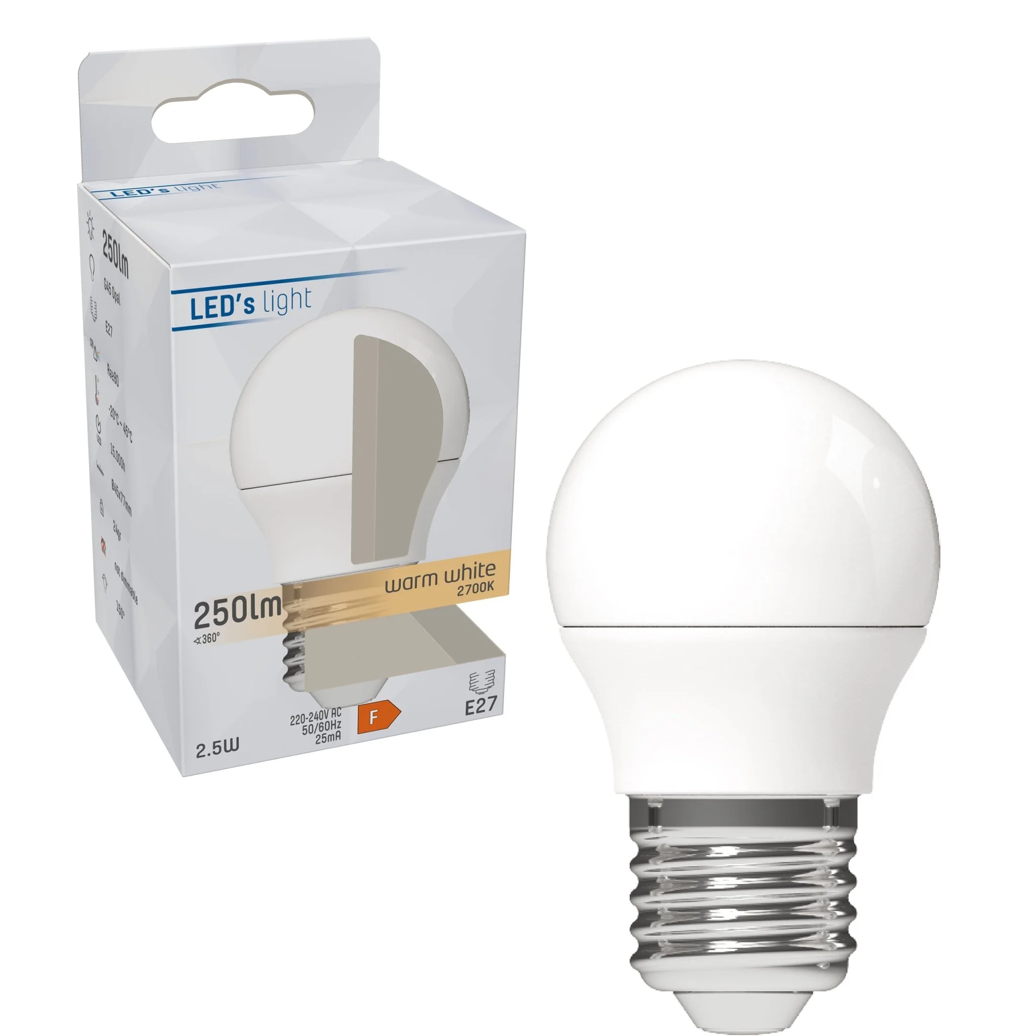 LongLife LED Lamp E27 - Mat - Warm wit - 2.5W (25W) - G45 Kogel